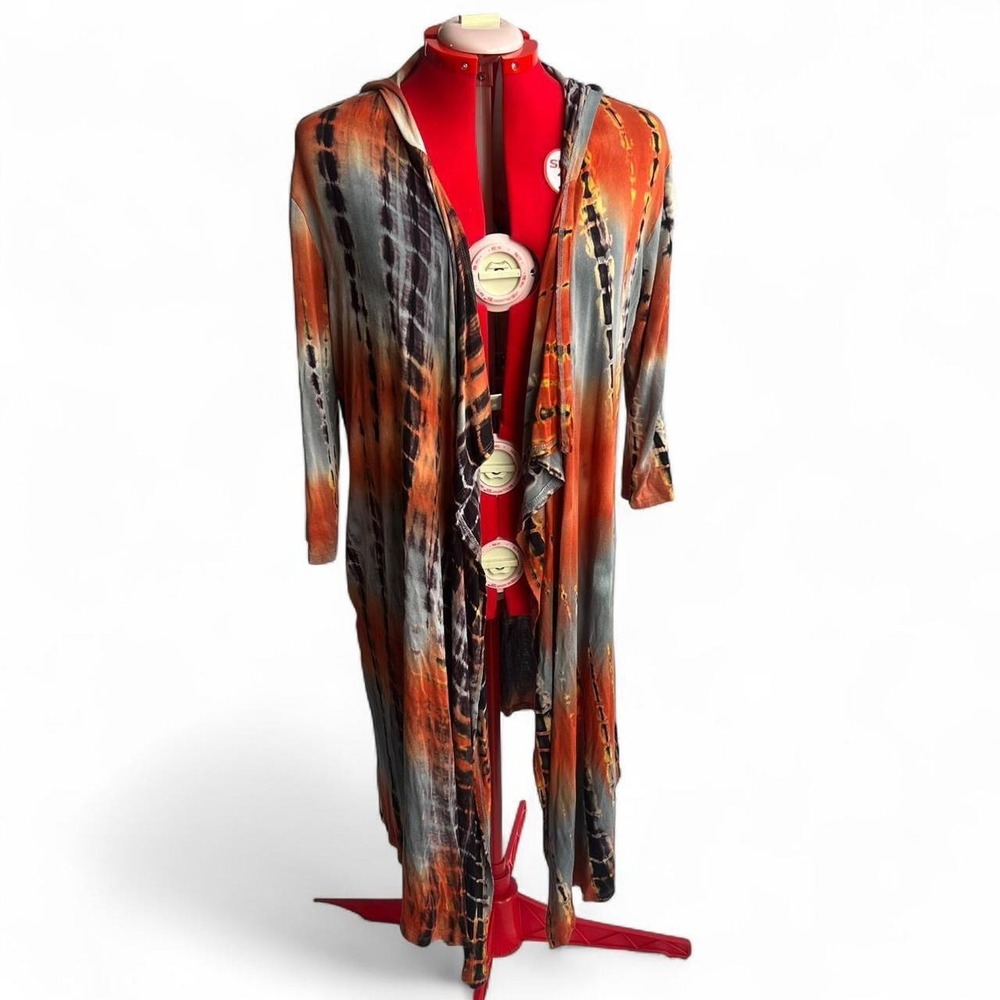 Orange & Light Blue Tie Dye Boho Cardigan With Hood Festival Indie Hippie 2X